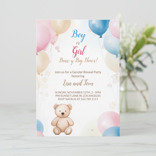 Teddybeer met ballonnen Baby shower Geslacht onthu Kaart (Staand voorkant)