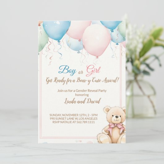 Teddybeer met ballonnen Baby shower onthullen In Kaart (Staand voorkant)
