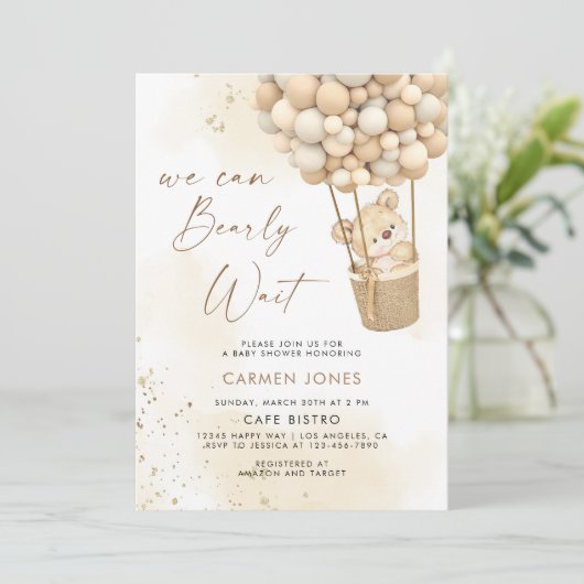 Teddybeer met ballonnen Baby shower uitnodiging (Staand voorkant)