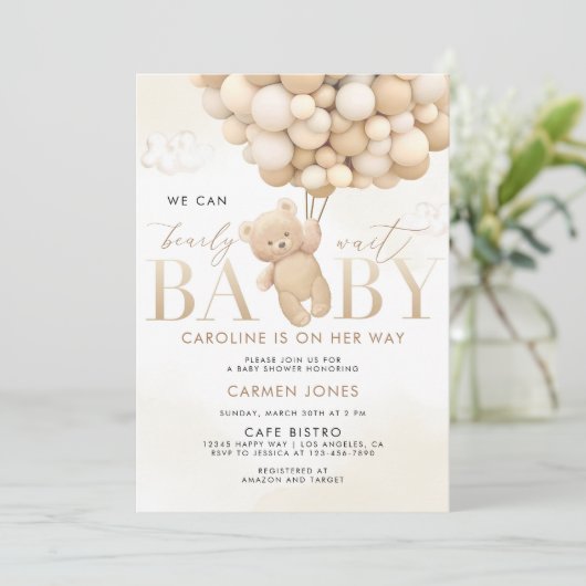 Teddybeer met ballonnen Baby shower uitnodiging (Staand voorkant)