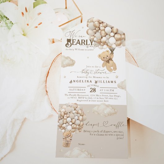 Teddybeer met ballonnen Neutraal Baby shower All In One Uitnodiging