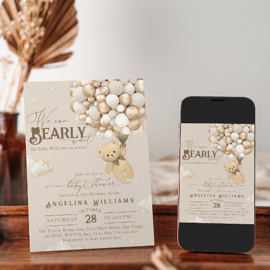 Teddybeer met ballonnen Neutraal Baby shower Kaart