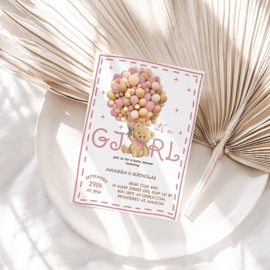 Teddybeer met ballonnen roze baby meisje douche kaart