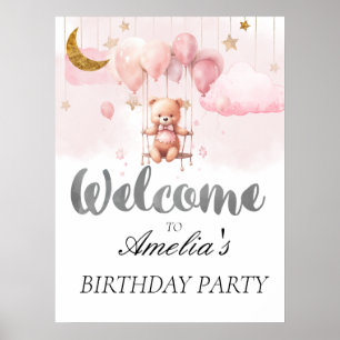 Teddybeer met ballonnen verjaardag welkomstbord poster