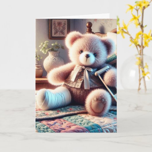 Teddybeer met been in cast kaart (Gele Bloem)