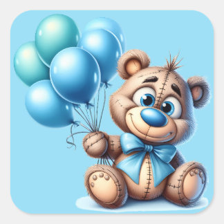 Teddybeer met Blauwe Ballonnen Baby Shower Vierkante Sticker