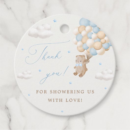 Teddybeer met blauwe ballonnen bedankjes labels (Voorkant)