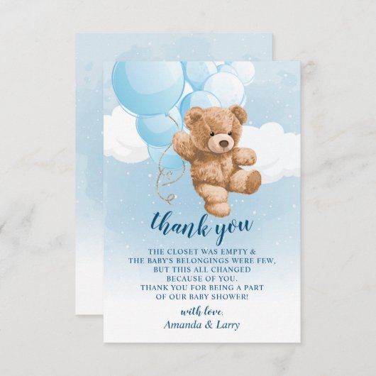 Teddybeer met blauwe ballonnen bedankkaart (Voorkant / Achterkant)