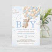 Teddybeer met blauwe ballonnen Boy Baby shower Inv Kaart (Staand voorkant)