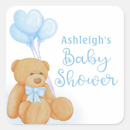 Teddybeer met blauwe hartballonnen voor baby showe vierkante sticker (Voorkant)