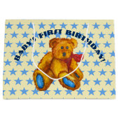 Teddybeer met blauwe sterren large cadeautasje (Voorkant)