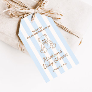 Teddybeer met blauwe strepen baby shower cadeaulabel