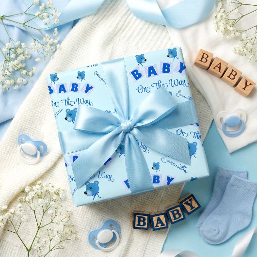 Teddybeer Met Blauwe Tekst Babyborrel Cadeaupapier