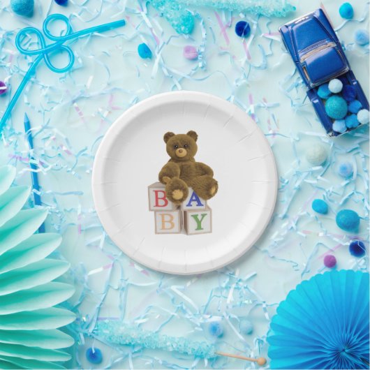 Teddybeer met Blocks Baby shower Papieren Bordje (Feest)