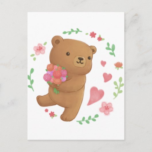 Teddybeer met bloemen briefkaart (Voorkant)