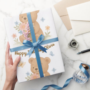 Teddybeer met bloemen gepersonaliseerd verjaardags cadeaupapier