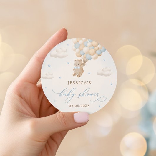 Teddybeer met Blue Balloons Baby shower Ronde Sticker