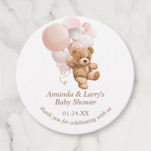 Teddybeer met blush roze ballonnen bedankjes labels