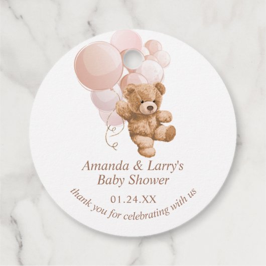 Teddybeer met blush roze ballonnen bedankjes labels (Achterkant)