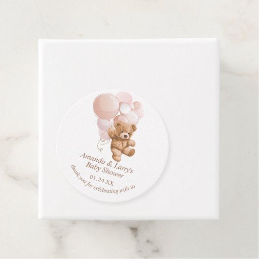 Teddybeer met blush roze ballonnen bedankjes labels (In situ)