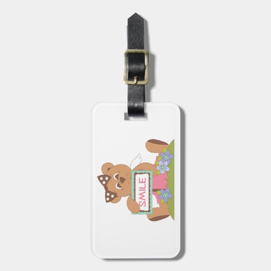 Teddybeer met boog die het lachsignaal vasthoudt bagagelabel (Voorkant verticaal)