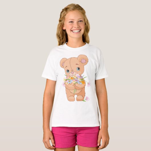Teddybeer met een boeket meisjes T-shirt (Voorkant volledig)