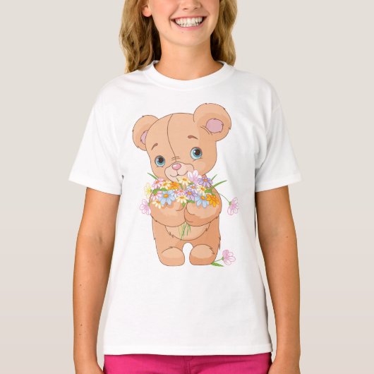 Teddybeer met een boeket meisjes T-shirt (Voorkant)