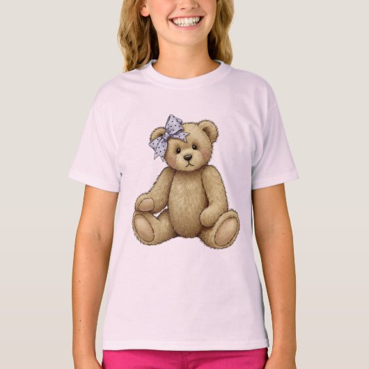 Teddybeer met een Lila boog T-shirt (Voorkant)