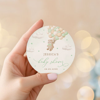 Teddybeer met groene ballonnen Baby shower Ronde Sticker