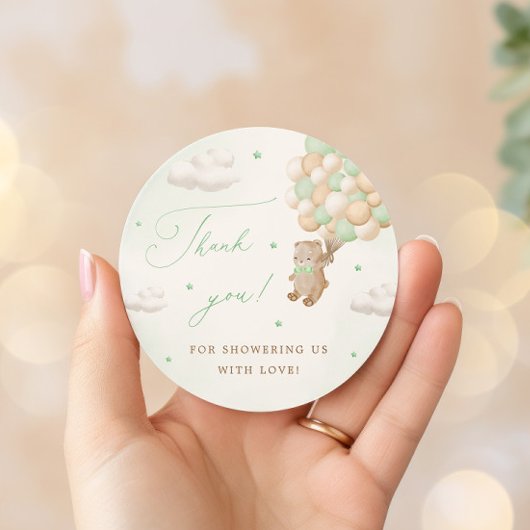 Teddybeer met groene ballonnen ronde sticker