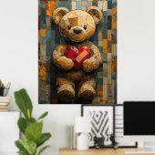 Teddybeer met hart in Glas in lood stijl Poster (Thuiskantoor)