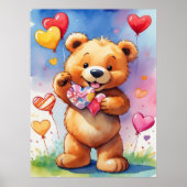 Teddybeer met hartgeschenk en ballonnen poster (Voorkant)