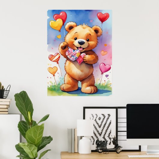 Teddybeer met hartgeschenk en ballonnen poster (Thuiskantoor)