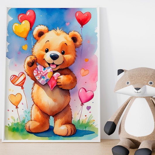 Teddybeer met hartgeschenk en ballonnen poster