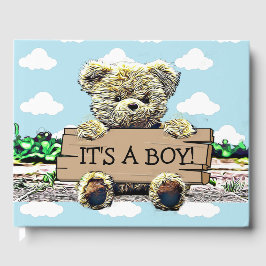 Teddybeer met houten teken Baby shower Gastenboek