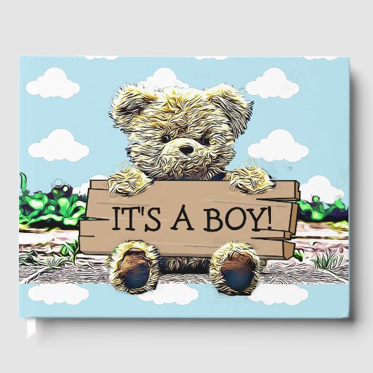 Teddybeer met houten teken Baby shower Gastenboek (Voorkant)