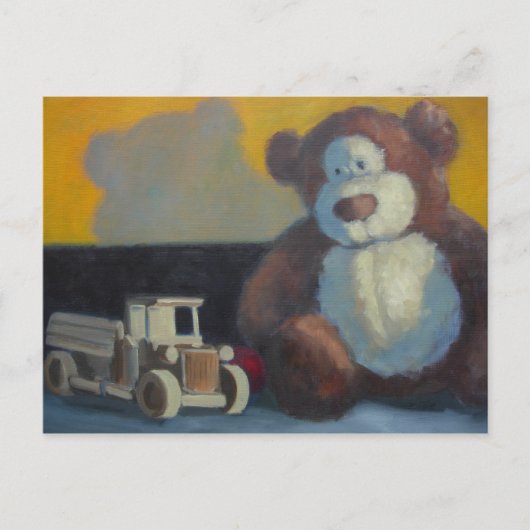 Teddybeer met houten vrachtwagen briefkaart (Voorkant)