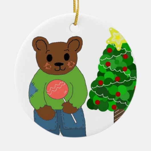 Teddybeer met kerstboom keramisch ornament (Voorkant)