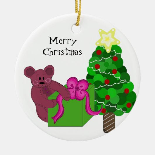 Teddybeer met kerstboom keramisch ornament (Voorkant)