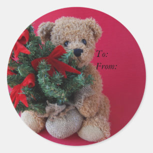 teddybeer met kerstboomcadeautjes labels stickers