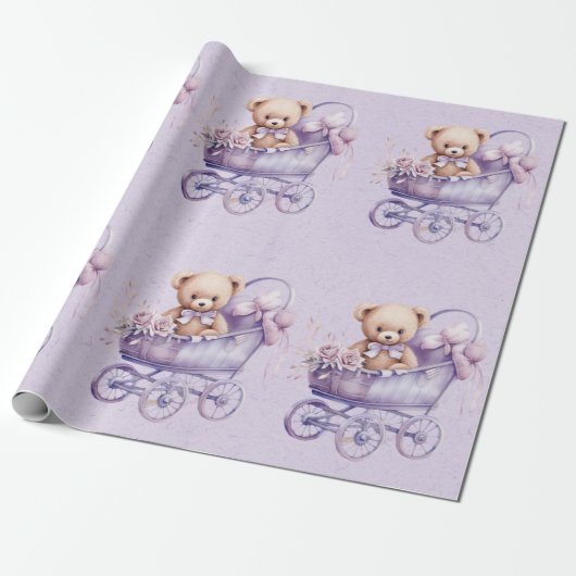 Teddybeer met lavendel koets meisje Baby shower Cadeaupapier (Uitgerold)