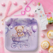 Teddybeer met lavendel koets meisje Baby shower Papieren Bordje (Feest)
