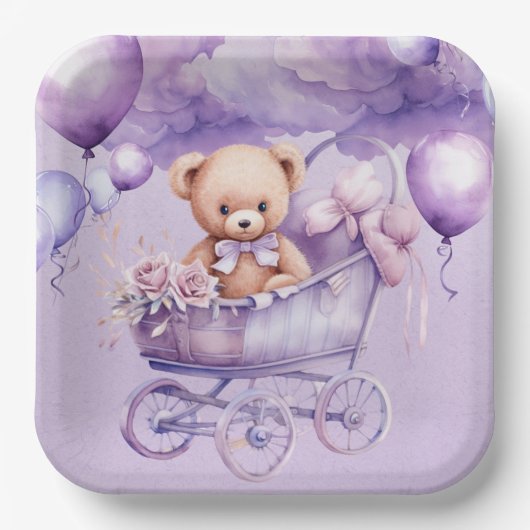 Teddybeer met lavendel koets meisje Baby shower Papieren Bordje (Voorkant)
