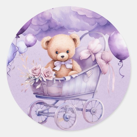 Teddybeer met lavendel koets meisje Baby shower Ronde Sticker (Voorkant)