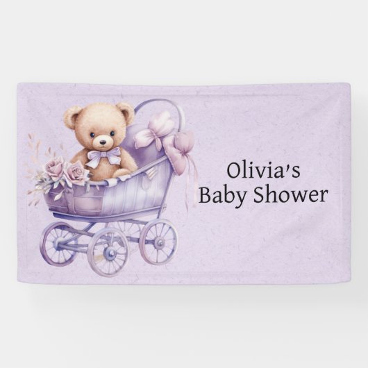 Teddybeer met lavendel koets meisje Baby shower Spandoek (Horizontaal)