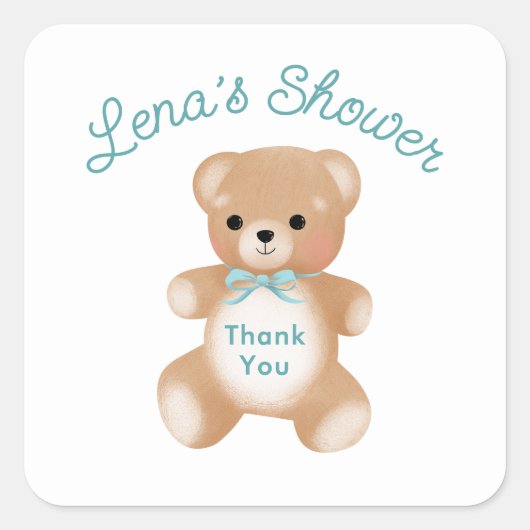 Teddybeer met lint Baby shower Bedankt Vierkante Sticker (Voorkant)