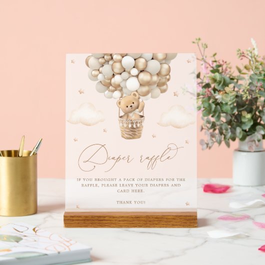 Teddybeer met neutrale ballonluier Raffle Acryl Bord (Huwelijk)