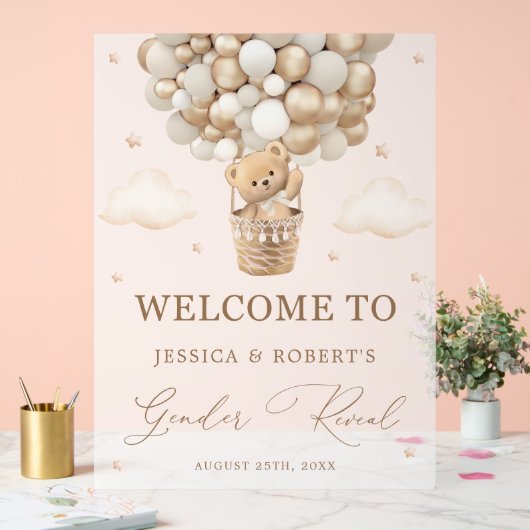 Teddybeer met neutrale ballonnen Geslacht onthulle Acryl Bord (Huwelijk)