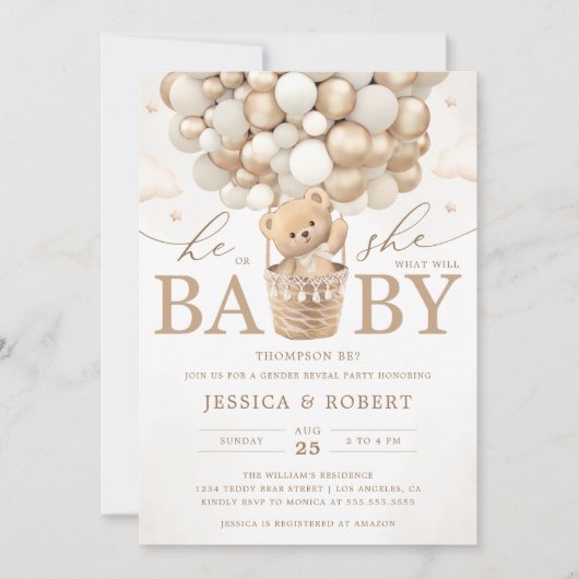 Teddybeer met neutrale ballonnen Geslacht onthulle Kaart (Voorkant)