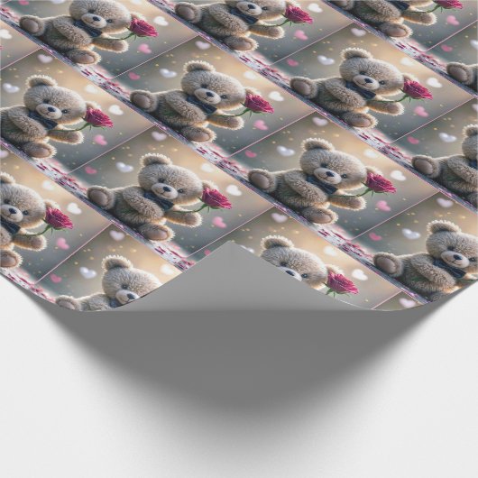 Teddybeer met rode roos cadeaupapier (Hoek)